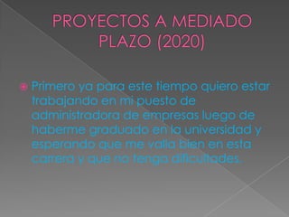  Primero ya para este tiempo quiero estar
trabajando en mi puesto de
administradora de empresas luego de
haberme graduado en la universidad y
esperando que me valla bien en esta
carrera y que no tenga dificultades.
 