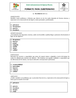Código: 
F-FP-9125-028 
Versión: 1 
Fecha: Marzo de 
2009 
6. MATRIZ D. O. F. A 
DEBILIDADES: 
Identifico cuatro problemas o falencias que observo en mí, las cuales dependen de factores internos y 
repercuten en la consecución de mis logros y metas personales y profesionales. 
 peleonero 
 irrespetuoso 
 grosero 
 recochero 
OPORTUNIDADES 
¿Con relación a las situaciones externas, cuáles son favorables o podrían llegar a potenciar efectivamente el 
logro de mis objetivos? 
 Respetuoso 
 honesto 
 grupal 
 amigable 
 amable 
 alegre 
 calidad 
FORTALEZAS 
Menciono los recursos o capacidades que poseo de manera innata o adquirida a través del tiempo, los 
cuales he utilizado para alcanzar mis objetivos. Mis fortalezas son aquellas cualidades o capacidades que 
me diferencian de los demás y me hacen sobresalir a nivel personal o profesional. 
 responsabilidad 
 honestidad 
 honesto 
 esfuerzo 
 calidad 
AMENAZAS 
¿Cuáles considero son problemas que se presentan fuera de mí, y repercuten en la consecución de logros y 
metas que he trazado en mi vida? 
 peleonero 
 grosero 
 recochero 
 incapaz 
 enojo 
 