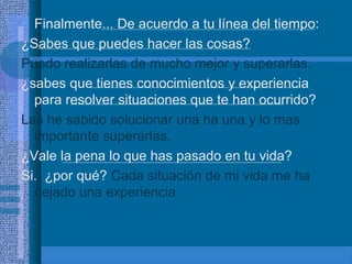• Finalmente... De acuerdo a tu línea del tiempo:
¿Sabes que puedes hacer las cosas?
Puedo realizarlas de mucho mejor y superarlas.
¿sabes que tienes conocimientos y experiencia
para resolver situaciones que te han ocurrido?
Las he sabido solucionar una ha una y lo mas
importante superarlas.
¿Vale la pena lo que has pasado en tu vida?
Si. ¿por qué? Cada situación de mi vida me ha
dejado una experiencia

 