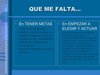 QUE ME FALTA...
• En TENER METAS
•

Vencer los obstáculos
internos y externos que nos
impiden lograrlas: Falta de
conocimientos, habilidades,
motivación, autoestima,
compromiso
autoconocimiento y miedo al
fracaso.

• En EMPEZAR A
ELEGIR Y ACTUAR
•

principal obstáculo es la falta de
seguridad ante nuevos
emprendimientos. El tener algo en
mente una idea, algo que me hace
mucha ilusión, que me apetece
mucho pero siempre le encuentro
un pero, Ya sea el empezar un
propio negocio, cambiar de
profesión o cambiar algo en mi vida
que no me satisface, parece que
nunca me atreveré a dar ese primer
paso.

 