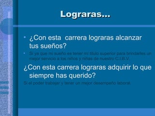 Lograras…
• ¿Con esta carrera lograras alcanzar
tus sueños?
•

Si ya que mi sueño es tener mi titulo superior para brindarles un
mejor servicio a los niños y niñas de nuestro C.I.B.V.

¿Con esta carrera lograras adquirir lo que
siempre has querido?
Si el poder trabajar y tener un mejor desempeño laboral.

 