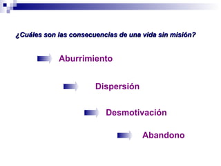 Dispersión
¿Cuáles son las consecuencias de una vida sin misión?¿Cuáles son las consecuencias de una vida sin misión?
Desmotivación
Aburrimiento
Abandono
 