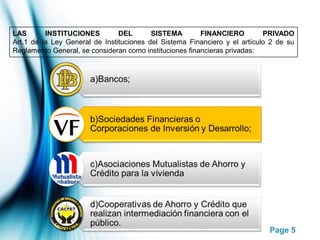 Page 5
LAS INSTITUCIONES DEL SISTEMA FINANCIERO PRIVADO
Art.1 de la Ley General de Instituciones del Sistema Financiero y el artículo 2 de su
Reglamento General, se consideran como instituciones financieras privadas:
 