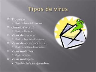 Troyanos Objetivo: Robar información. Gusano (Worm) Objetivo: Copiarse. Virus de macros Objetivo: Repetir instrucciones. Virus de sobre escritura. Objetivo: Sustituir documentos. Virus mutantes Objetivos varios. Virus múltiples Objetivo: Infectar ejecutables. 
