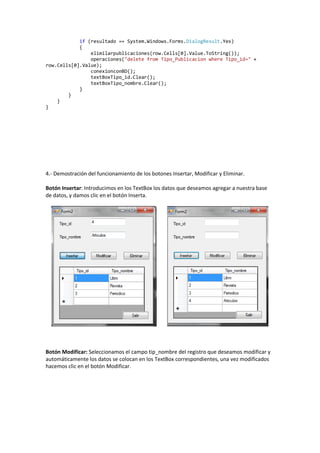 if (resultado == System.Windows.Forms.DialogResult.Yes)
            {
                elimilarpublicaciones(row.Cells[0].Value.ToString());
                operaciones("delete from Tipo_Publicacion where Tipo_id=" +
row.Cells[0].Value);
                conexionconBD();
                textBoxTipo_id.Clear();
                textBoxTipo_nombre.Clear();
            }
        }
    }
}




4.- Demostración del funcionamiento de los botones Insertar, Modificar y Eliminar.

Botón Insertar: Introducimos en los TextBox los datos que deseamos agregar a nuestra base
de datos, y damos clic en el botón Inserta.




Botón Modificar: Seleccionamos el campo tip_nombre del registro que deseamos modificar y
automáticamente los datos se colocan en los TextBox correspondientes, una vez modificados
hacemos clic en el botón Modificar.
 