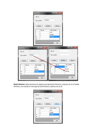 Botón Eliminar: Seleccionamos el registro que deseamos Eliminar, y damos clic en el botón
Eliminar, nos manda un mensaje de confirmación y damos clic en Sí.
 