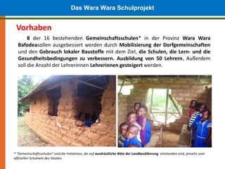 Das Wara Wara Schulprojekt

 Vorhaben
       8 der 16 bestehenden Gemeinschaftsschulen* in der Provinz Wara Wara
  Bafodeasollen ausgebessert werden durch Mobilisierung der Dorfgemeinschaften
  und den Gebrauch lokaler Baustoffe mit dem Ziel, die Schulen, die Lern- und die
  Gesundheitsbedingungen zu verbessern. Ausbildung von 50 Lehrern. Außerdem
  soll die Anzahl der Lehrerinnen Lehrerinnen gesteigert werden.




* “Gemeinschaftsschulen” sind die Initiativen, die auf ausdrückliche Bitte der Landbevölkerung, entstanden sind, jenseits vom
offiziellen Schulnetz des Staates.
 