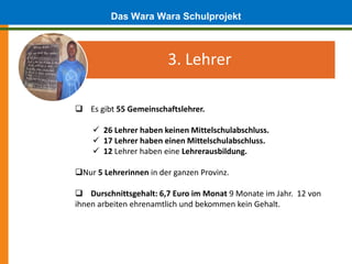 Das Wara Wara Schulprojekt


                        3. Lehrer

 Es gibt 55 Gemeinschaftslehrer.

     26 Lehrer haben keinen Mittelschulabschluss.
     17 Lehrer haben einen Mittelschulabschluss.
     12 Lehrer haben eine Lehrerausbildung.

Nur 5 Lehrerinnen in der ganzen Provinz.

 Durschnittsgehalt: 6,7 Euro im Monat 9 Monate im Jahr. 12 von
ihnen arbeiten ehrenamtlich und bekommen kein Gehalt.
 