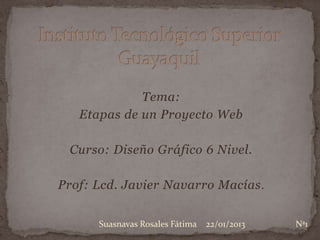 Tema:
   Etapas de un Proyecto Web

 Curso: Diseño Gráfico 6 Nivel.

Prof: Lcd. Javier Navarro Macías .


      Suasnavas Rosales Fátima   22/01/2013   Nª1
 