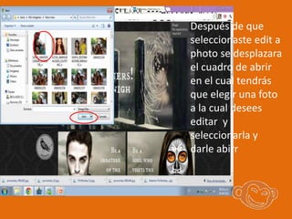Después de que
seleccionaste edit a
photo se desplazara
el cuadro de abrir
en el cual tendrás
que elegir una foto
a la cual desees
editar y
seleccionarla y
darle abirr
 
