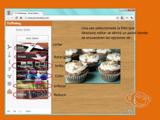 Una vez seleccionada la foto que
               deseaste editar se abrirá un panel donde
               se encuentran las opciones de :
cortar


Rotar(girar)

 brillo

 Color

enfocar

Reducir
 