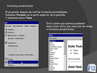 Formatos predefinidos El programa dispone de ciertos formatos prediseñados. Pulsamos  Formato  en la parte superior de la pantalla. Y pulsamos sobre  Tema En el cuadro que aparece podemos seleccionar entre una colección de temas o formatos predefinidos. 