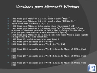 : 1989 Word para Windows 1.0 y 2.x, nombre clave "Opus"  1990 Word para Windows 1.1 y 3.0, nombre clave "Bill the Cat“ 1990 Word para Windows 1.1a y 3.1  1991 Word para Windows 2.0, nombre clave "Spaceman Spiff"  1993 Word para Windows 6.0, nombre clave "T3" (renombrada "6" por representar el mismo producto en DOS o Mac y también WordPerfect, el principal procesador de texto competidor de la época)  1995 Word para Windows 95, también conocido como Word 7 (aquí explotó en popularidad, hasta la actualidad)  1997 Word 97, también conocido como Word 8  1999 Word 2000, conocido como Word 9  2001 Word 2002, conocido como Word 10 o Word XP 2003 Word 2003, conocido como Word 11, llamado Microsoft Office Word 2003  2006 Word 2007, conocido como Word 12, llamado Microsoft Office Word 2007  2009 Word 2010, conocido como Word 14, llamado Microsoft Office Word 2010   Versiones para Microsoft Windows 