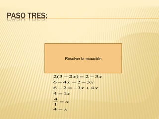 PASO TRES:
Resolver la ecuación
x
x
x
xx
xx
xx
4
1
4
14
4326
3246
32)23(2
