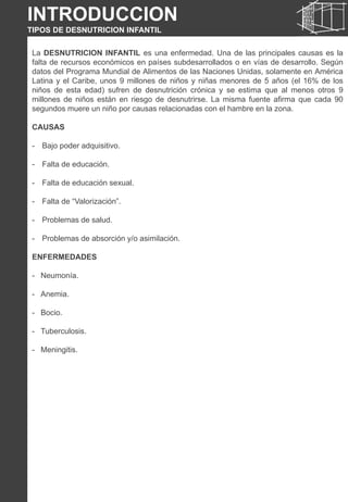 La DESNUTRICION INFANTIL es una enfermedad. Una de las principales causas es la
falta de recursos económicos en países subdesarrollados o en vías de desarrollo. Según
datos del Programa Mundial de Alimentos de las Naciones Unidas, solamente en América
Latina y el Caribe, unos 9 millones de niños y niñas menores de 5 años (el 16% de los
niños de esta edad) sufren de desnutrición crónica y se estima que al menos otros 9
millones de niños están en riesgo de desnutrirse. La misma fuente afirma que cada 90
segundos muere un niño por causas relacionadas con el hambre en la zona.
CAUSAS
- Bajo poder adquisitivo.
- Falta de educación.
- Falta de educación sexual.
- Falta de “Valorización”.
- Problemas de salud.
- Problemas de absorción y/o asimilación.
ENFERMEDADES
- Neumonía.
- Anemia.
- Bocio.
- Tuberculosis.
- Meningitis.
INTRODUCCION
TIPOS DE DESNUTRICION INFANTIL
 