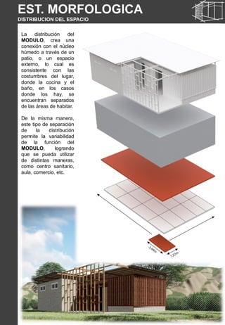 La distribución del
MODULO, crea una
conexión con el núcleo
húmedo a través de un
patio, o un espacio
externo, lo cual es
consistente con las
costumbres del lugar,
donde la cocina y el
baño, en los casos
donde los hay, se
encuentran separados
de las áreas de habitar.
De la misma manera,
este tipo de separación
de la distribución
permite la variabilidad
de la función del
MODULO, logrando
que se pueda utilizar
de distintas maneras,
como centro sanitario,
aula, comercio, etc.
EST. MORFOLOGICA
DISTRIBUCION DEL ESPACIO
 