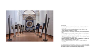 Exposiciones
- Noviembre 2011 Exposición individual en la Escuela de Arte de Toledo
  (“Adios ,Ayer”)
- Junio 2009 Exposición individual en la Iglesia de San Agustín el Viejo
  “Liceo” (“Moonlife”) Talavera de la Reina.
- Exposición colectiva “Autorretratos” Proyectoace, Buenos Aires (Argentina).
  2007
- Octubre 2006 Exposición colectiva del Máster de Arte en la Esfera Pública.
  Facultad de Bel¬las Artes Antonio Saura de Cuenca.
- Exposición individual en el Museo de Cerámica “Ruiz de Luna” de Talavera
  de la Reina (Entreazules). Febrero 2000.
- Exposición individual de fotografía, pintura e instalación en la Escuela de
  Arte de Talavera de la Reina. Setiembre 1999.
- Exposición del Certamen de Jóvenes Artistas de Castilla-La Mancha.
  Junio 1996.

He realizado diversos encargos en los últimos años de video-creación y pu-
blicidad para organismos oficiales, la mayoría para la Junta de Comunidades
de Castilla-La Mancha y la Universidad de Castilla-La Mancha.
 