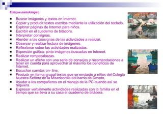 Enfoque metodológico Buscar imágenes y textos en Internet. Copiar y producir textos escritos mediante la utilización del teclado. Explorar páginas de Internet para niños. Escribir en el cuaderno de bitácora. Interpretar consignas. Atender a las consignas de las actividades a realizar. Observar y realizar lectura de imágenes. Reflexionar sobre las actividades realizadas. Expresión gráfica: pinto imágenes buscadas en Internet. Realizar rompecabezas. Realizar un afiche con una serie de consejos y recomendaciones a tener en cuenta para aprovechar al máximo los beneficios de Internet. Escuchar cuentos on- line. Producir en forma grupal textos que se enviarán a niños del Colegio Nuestra Señora de la Misericordia del barrio de Devoto. Ayudar a los compañeros en el manejo de la PC cuando así se requiera. Expresar verbalmente actividades realizadas con la familia en el tiempo que se lleva a su casa el cuaderno de bitácora. 