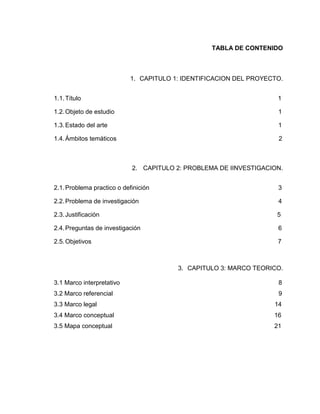I
                                                  TABLA DE CONTENIDO



                           1. CAPITULO 1: IDENTIFICACION DEL PROYECTO.


1.1. Título                                                         1

1.2. Objeto de estudio                                              1

1.3. Estado del arte                                                1

1.4. Ámbitos temáticos                                              2



                            2. CAPITULO 2: PROBLEMA DE IINVESTIGACION.


2.1. Problema practico o definición                                 3

2.2. Problema de investigación                                      4

2.3. Justificación                                                  5

2.4. Preguntas de investigación                                     6

2.5. Objetivos                                                      7



                                        3. CAPITULO 3: MARCO TEORICO.

3.1 Marco interpretativo                                            8
3.2 Marco referencial                                               9
3.3 Marco legal                                                    14
3.4 Marco conceptual                                               16
3.5 Mapa conceptual                                                21
 