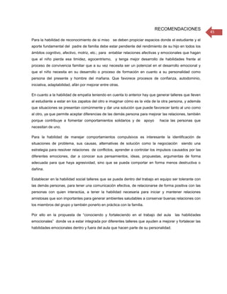 RECOMENDACIONES
                                                                                                          45
Para la habilidad de reconocimiento de si miso se deben propiciar espacios donde el estudiante y el
aporte fundamental del padre de familia debe estar pendiente del rendimiento de su hijo en todos los
ámbitos cognitivo, afectivo, motriz, etc.; para entablar relaciones afectivas y emocionales que hagan
que el niño pierda esa timidez, egocentrismo,        y tenga mejor desarrollo de habilidades frente al
proceso de convivencia familiar que a su vez necesita ser un potencial en el desarrollo emocional y
que el niño necesita en su desarrollo o proceso de formación en cuanto a su personalidad como
persona del presente y hombre del mañana. Que favorece procesos de confianza, autodominio,
iniciativa, adaptabilidad, afán por mejorar entre otras.

En cuanto a la habilidad de empatía teniendo en cuenta lo anterior hay que generar talleres que lleven
al estudiante a estar en los zapatos del otro e imaginar cómo es la vida de la otra persona, y además
que situaciones se presentan comúnmente y dar una solución que puede favorecer tanto al uno como
al otro, ya que permite aceptar diferencias de las demás persona para mejorar las relaciones, también
porque contribuye a fomentar comportamientos solidarios y de           apoyo    hacia las personas que
necesitan de uno.

Para la habilidad de manejar comportamientos compulsivos es interesante la identificación de
situaciones de problema, sus causas, alternativas de solución como la negociación          siendo una
estrategia para resolver relaciones de conflictos, aprender a controlar los impulsos causados por las
diferentes emociones, dar a conocer sus pensamientos, ideas, propuestas, argumentas de forma
adecuada para que haya agresividad, sino que se pueda comportar en forma menos destructiva o
dañina.

Establecer en la habilidad social talleres que se pueda dentro del trabajo en equipo ser tolerante con
las demás personas, para tener una comunicación efectiva, de relacionarse de forma positiva con las
personas con quien interactúa, a tener la habilidad necesaria para iniciar y mantener relaciones
amistosas que son importantes para generar ambientes saludables a conservar buenas relaciones con
los miembros del grupo y también ponerlo en práctica con la familia.

Por ello en la propuesta de “conociendo y fortaleciendo en el trabajo del aula          las habilidades
emocionales” donde va a estar integrada por diferentes talleres que ayuden a mejorar y fortalecer las
habilidades emocionales dentro y fuera del aula que hacen parte de su personalidad.
 
