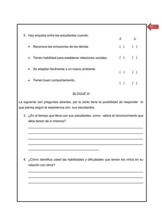 50


   5. Hay empatía entre los estudiantes cuando:
                                                                     F         V

         Reconoce las emociones de los demás                        ( )      ( )


         Tienen habilidad para establecer relaciones sociales       ( )      ( )


         Se adaptan fácilmente a un nuevo ambiente
                                                                     ( )      ( )

         Tienen buen comportamiento.
                                                                     ( )      ( )


                                     BLOQUE III

La siguiente son preguntas abiertas, por lo tanto tiene la posibilidad de responder lo
que piensa según la experiencia con sus estudiantes.

   3. ¿En el tiempo que lleva con sus estudiantes, como valora el reconocimiento que
      ellos tienen de sí mismos?
      _________________________________________________________________
      _________________________________________________________________
      _________________________________________________________________
      _________________________________________________________________
      ________________________________________


   4. ¿Cómo identifica usted las habilidades y dificultades que tienen los niños en su
      relación con otros?
      _________________________________________________________________
      _________________________________________________________________
      _________________________________________________________________
 