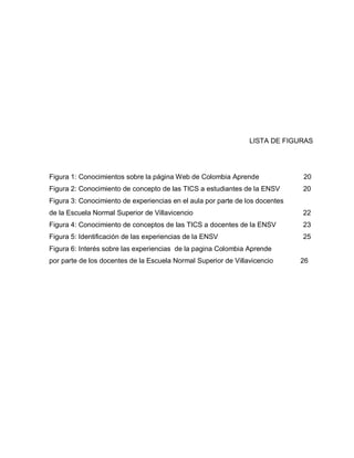 LISTA DE FIGURAS




Figura 1: Conocimientos sobre la página Web de Colombia Aprende               20
Figura 2: Conocimiento de concepto de las TICS a estudiantes de la ENSV       20
Figura 3: Conocimiento de experiencias en el aula por parte de los docentes
de la Escuela Normal Superior de Villavicencio                                22
Figura 4: Conocimiento de conceptos de las TICS a docentes de la ENSV         23
Figura 5: Identificación de las experiencias de la ENSV                       25
Figura 6: Interés sobre las experiencias de la pagina Colombia Aprende
por parte de los docentes de la Escuela Normal Superior de Villavicencio      26
 