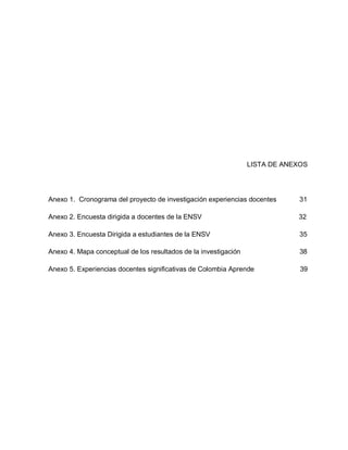 LISTA DE ANEXOS




Anexo 1. Cronograma del proyecto de investigación experiencias docentes      31

Anexo 2. Encuesta dirigida a docentes de la ENSV                             32

Anexo 3. Encuesta Dirigida a estudiantes de la ENSV                          35

Anexo 4. Mapa conceptual de los resultados de la investigación                38

Anexo 5. Experiencias docentes significativas de Colombia Aprende             39
 