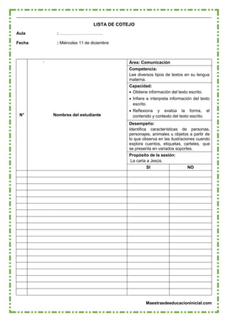 Maestrasdeeducacioninicial.com
LISTA DE COTEJO
Aula : ………………………….
Fecha : Miércoles 11 de diciembre
N° Nombres del estudiante
Área: Comunicación
Competencia:
Lee diversos tipos de textos en su lengua
materna.
Capacidad:
 Obtiene información del texto escrito.
 Infiere e interpreta información del texto
escrito.
 Reflexiona y evalúa la forma, el
contenido y contexto del texto escrito.
Desempeño:
Identifica características de personas,
personajes, animales u objetos a partir de
lo que observa en las ilustraciones cuando
explora cuentos, etiquetas, carteles, que
se presenta en variados soportes.
Propósito de la sesión:
La carta a Jesús.
SI NO
 