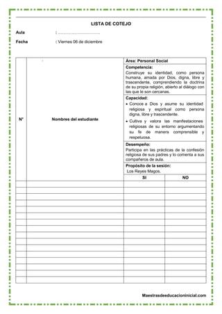 Maestrasdeeducacioninicial.com
LISTA DE COTEJO
Aula : ………………………….
Fecha : Viernes 06 de diciembre
Área: Personal Social
Competencia:
Construye su identidad, como persona
humana, amada por Dios, digna, libre y
trascendente, comprendiendo la doctrina
de su propia religión, abierto al diálogo con
las que le son cercanas.
Capacidad:
 Conoce a Dios y asume su identidad
religiosa y espiritual como persona
digna, libre y trascendente.
N° Nombres del estudiante  Cultiva y valora las manifestaciones
religiosas de su entorno argumentando
su fe de manera comprensible y
respetuosa.
Desempeño:
Participa en las prácticas de la confesión
religiosa de sus padres y lo comenta a sus
compañeros de aula.
Propósito de la sesión:
Los Reyes Magos.
SI NO
 