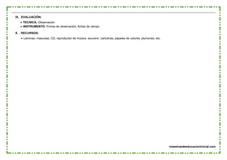 maestrasdeeducacioninicial.com
IX. EVALUACIÓN:
 TECNICA: Observación
 INSTRUMENTO: Fichas de observación, fichas de campo
X. RECURSOS:
 Láminas, mascotas, CD, reproductor de música, souvenir, cartulinas, papeles de colores, plumones, etc.
 