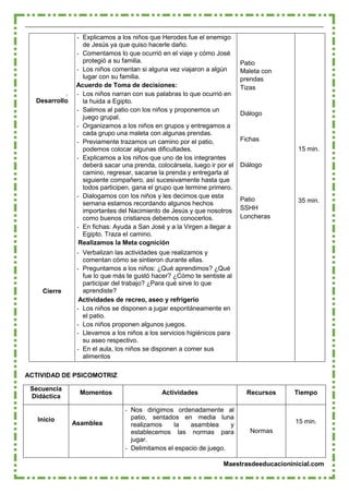 Maestrasdeeducacioninicial.com
Desarrollo
Cierre
- Explicamos a los niños que Herodes fue el enemigo
de Jesús ya que quiso hacerle daño.
- Comentamos lo que ocurrió en el viaje y cómo José
protegió a su familia.
- Los niños comentan si alguna vez viajaron a algún
lugar con su familia.
Acuerdo de Toma de decisiones:
- Los niños narran con sus palabras lo que ocurrió en
la huida a Egipto.
- Salimos al patio con los niños y proponemos un
juego grupal.
- Organizamos a los niños en grupos y entregamos a
cada grupo una maleta con algunas prendas.
- Previamente trazamos un camino por el patio,
podemos colocar algunas dificultades.
- Explicamos a los niños que uno de los integrantes
deberá sacar una prenda, colocársela, luego ir por el
camino, regresar, sacarse la prenda y entregarla al
siguiente compañero, así sucesivamente hasta que
todos participen, gana el grupo que termine primero.
- Dialogamos con los niños y les decimos que esta
semana estamos recordando algunos hechos
importantes del Nacimiento de Jesús y que nosotros
como buenos cristianos debemos conocerlos.
- En fichas: Ayuda a San José y a la Virgen a llegar a
Egipto. Traza el camino.
Realizamos la Meta cognición
- Verbalizan las actividades que realizamos y
comentan cómo se sintieron durante ellas.
- Preguntamos a los niños: ¿Qué aprendimos? ¿Qué
fue lo que más te gustó hacer? ¿Cómo te sentiste al
participar del trabajo? ¿Para qué sirve lo que
aprendiste?
Actividades de recreo, aseo y refrigerio
- Los niños se disponen a jugar espontáneamente en
el patio.
- Los niños proponen algunos juegos.
- Llevamos a los niños a los servicios higiénicos para
su aseo respectivo.
- En el aula, los niños se disponen a comer sus
alimentos
Patio
Maleta con
prendas
Tizas
Diálogo
Fichas
Diálogo
Patio
SSHH
Loncheras
15 min.
35 min.
ACTIVIDAD DE PSICOMOTRIZ
Secuencia
Didáctica
Momentos Actividades Recursos Tiempo
Inicio
Asamblea
- Nos dirigimos ordenadamente al
patio, sentados en media luna
realizamos la asamblea y
establecemos las normas para
jugar.
- Delimitamos el espacio de juego.
Normas
15 min.
 