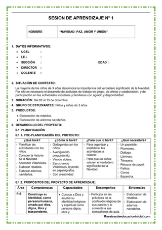 Maestrasdeeducacioninicial.com
SESION DE APRENDIZAJE N° 1
NOMBRE “NAVIDAD: PAZ, AMOR Y UNIÓN”
1. DATOS INFORMATIVOS:
 UGEL :
 I.E.I. :
 SECCIÓN : EDAD :
 DIRECTOR :
 DOCENTE :
2. SITUACIÓN DE CONTEXTO:
La mayoría de los niños de 3 años desconoce la importancia del verdadero significado de la Navidad.
Por ello es necesario el desarrollo de actitudes de trabajo en grupo, de afecto y colaboración, y de
participación en las actividades escolares y familiares con agrado y disponibilidad.
3. DURACIÓN: Del 02 al 13 de diciembre
4. GRUPO DE ESTUDIANTES: Niños y niñas de 3 años
5. PRODUCTOS:
 Elaboración de retablos.
 Elaboración de adornos navideños.
6. DESARROLLO DEL PROYECTO:
6.1. PLANIFICACIÓN
6.1.1. PRE-PLANIFICACIÓN DEL PROYECTO:
¿Qué haré? ¿Cómo la haré? ¿Para qué lo haré? ¿Qué necesitaré?
- Planificar las
actividades con los
niños.
- Conocer la historia
de la Navidad.
- Aprender Villancicos.
- Elaborar retablos.
- Elaborar adornos
navideños.
- Dialogando con los
niños.
- Averiguando,
preguntando.
- Viendo videos.
- Escuchando
Villancicos, leyendo
en papelógrafos.
- Con creatividad
- Para organizar y
establecer las
actividades a
realizar.
- Para que los niños
valoren el verdadero
significado de la
Navidad.
- Un papelote.
- Plumones.
- Diálogo.
- Láminas.
- Témpera.
- Retazos de papel.
- Palitos.
- Conos.
- Escarcha.
6.1.2. PROPÓSITOS DEL PROYECTO DE APRENDIZAJE:
Área Competencias Capacidades Desempeños Evidencias
P.S Construye su
identidad, como
persona humana,
amada por dios,
digna, libre y
trascendente,
 Conoce a Dios y
asume su
identidad religiosa
y espiritual como
persona digna,
libre y
- Participa en las
prácticas de la
confesión religiosa de
sus padres y lo
comenta a sus
compañeros de aula.
- Elaboración de
retablos.
- Elaboración de
adornos
navideños.
 