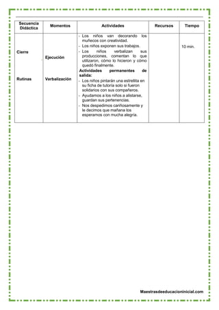 Maestrasdeeducacioninicial.com
Secuencia
Didáctica
Momentos Actividades Recursos Tiempo
Cierre
Rutinas
Ejecución
Verbalización
- Los niños van decorando los
muñecos con creatividad.
- Los niños exponen sus trabajos.
- Los niños verbalizan sus
producciones, comentan lo que
utilizaron, cómo lo hicieron y cómo
quedó finalmente.
Actividades permanentes de
salida:
- Los niños pintarán una estrellita en
su ficha de tutoría solo si fueron
solidarios con sus compañeros.
- Ayudamos a los niños a alistarse,
guardan sus pertenencias.
- Nos despedimos cariñosamente y
le decimos que mañana los
esperamos con mucha alegría.
10 min.
 