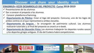 Discover and share your identity mark
ERASMUS+ K229 DESARROLLO DEL PROYECTO Curso 2018-2019
 Presentaciones de los alumnos
 Dar a conocer el proyecto a los alumnos
 Conocer plataforma eTwinning.
 Departamento de Plástica: Crear el logo del proyecto. Concurso, uno de los logos de
ambos centros es el que representará a ambas escuelas.
 Departamento de lenguas : Se encargarán de patrimonio cultural. Los alumnos
realizarán tutoriales y al final del proyecto se creará un e-book.
 Departamento de Educación Física: Los alumnos trabajarán los deportes rurales vascos
y los deportes griegos antiguos. El día del Euskera habrá competiciones.
 