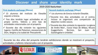 Discover and share your identity mark
2019-2020 ikasturtean
First students exchange (Marzo)
 15 alumnos del instituto de Elexalde
viajarán a Grecia.
 Tres días tendrán lugar actividades en el
propio centro. Talleres y otro tipo de
actividades relacionadas con el proyecto.
 Durante dos día visitarán los siguientes
lugares. Castillo de Platamon, excavaciones de
Dion, Vergina y la ciudad de Thessaloniki
Second students exchange (Mayo)
 Los alumnos de Grecia visitarán Elexalde.
Durante tres días actividades en el centro;
incluso se organizará una competición de
deportes rurales vascos.
Durante dos días visitarán lo siguiente: La iglesia
de Andra Mari , Casco Viejo de Bilbao, Museo
Guggenheim, Bermeo, San Juan de
Gaztelugatze e Urdaibai
Durante los dos años del proyecto tendrán exhibiciones donde se mostrará el proyecto,
actividades y talleres relacionados con el proyecto.
 