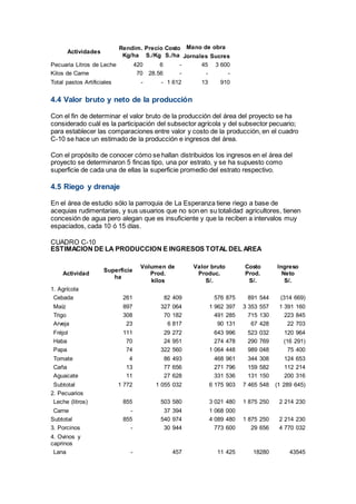 Actividades
Rendim.
Kg/ha
Precio
S./Kg
Costo
S./ha
Mano de obra
Jornales Sucres
Pecuaria Litros de Leche 420 6 - 45 3 600
Kilos de Carne 70 28.56 - - -
Total pastos Artificiales - - 1 612 13 910
4.4 Valor bruto y neto de la producción
Con el fin de determinar el valor bruto de la producción del área del proyecto se ha
considerado cuál es la participación del subsector agrícola y del subsector pecuario;
para establecer las comparaciones entre valor y costo de la producción, en el cuadro
C-10 se hace un estimado de la producción e ingresos del área.
Con el propósito de conocer cómo se hallan distribuidos los ingresos en el área del
proyecto se determinaron 5 fincas tipo, una por estrato, y se ha supuesto como
superficie de cada una de ellas la superficie promedio del estrato respectivo.
4.5 Riego y drenaje
En el área de estudio sólo la parroquia de La Esperanza tiene riego a base de
acequias rudimentarias, y sus usuarios que no son en su totalidad agricultores, tienen
concesión de agua pero alegan que es insuficiente y que la reciben a intervalos muy
espaciados, cada 10 ó 15 días.
CUADRO C-10
ESTIMACION DE LA PRODUCCION E INGRESOS TOTAL DEL AREA
Actividad
Superficie
ha
Volumen de
Prod.
kilos
Valor bruto
Produc.
S/.
Costo
Prod.
S/.
Ingreso
Neto
S/.
1. Agrícola
Cebada 261 82 409 576 875 891 544 (314 669)
Maíz 897 327 064 1 962 397 3 353 557 1 391 160
Trigo 308 70 182 491 285 715 130 223 845
Arveja 23 6 817 90 131 67 428 22 703
Fréjol 111 29 272 643 996 523 032 120 964
Haba 70 24 951 274 478 290 769 (16 291)
Papa 74 322 560 1 064 448 989 048 75 400
Tomate 4 86 493 468 961 344 308 124 653
Caña 13 77 656 271 796 159 582 112 214
Aguacate 11 27 628 331 536 131 150 200 316
Subtotal 1 772 1 055 032 6 175 903 7 465 548 (1 289 645)
2. Pecuarios
Leche (litros) 855 503 580 3 021 480 1 875 250 2 214 230
Carne - 37 394 1 068 000
Subtotal 855 540 974 4 089 480 1 875 250 2 214 230
3. Porcinos - 30 944 773 600 29 656 4 770 032
4. Ovinos y
caprinos
Lana - 457 11 425 18280 43545
 