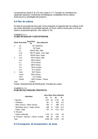 comprende las clases II, III y IV (ver cuadro C-11). También se consideran los
siguientes aspectos: condiciones climatológicas, rentabilidad de los cultivos,
autoconsumo y estrategias del proyecto.
6.2 Plan de cultivos
En base al uso potencial del suelo, se ha propuesto el siguiente plan de cultivos: el 46
por ciento destinado a la actividad agrícola, el 32 por ciento a la pecuaria y el 22 por
ciento a la pecuaria-agrícola. (Ver cuadro C-12).
CUADRO C-11
CLASE DE SUELOS Y USO POTENCIAL
Clase Sub clase
Superficie
ha
Uso potencial
2 2 d 201 Hortalizas
2 d 64 Papas
2 s 358.06 Maíz, fréjol
2 sd 565.75 Habas, maíz, fréjol
2 st 156.88 Fréjol, arveja
3 3 sd 632.0 Papas, fréjol
3 sd 300.0 Pastos
3 s 710.0 Pastos
3 st 299.0 Pastos
3 st 158.0 Frutales
3 dt 61.0 Pastos
4 4 pdt 92.0 Pastos
4 psdt 495.0 Pastos
4 fsd 5.0 Frutales
4 fpsdt 198.0 Frutales - Pastos
Total 4 296.0
Fuente: Departamento de Planificación. Estudios de suelos.
CUADRO C-12
PLAN DE CULTIVOS DEL PROYECTO
Actividad
Area física Area utilizada
ha % ha %
I. Agrícola 1 977 46 4 155 64
- Hortalizas 201 5 603 9.3
- Maíz (choclo) - habas (secas) 493 11 986 15.2
- Maíz/fréjol (seco) - arveja (tierna) 526 12 1 052 16.2
- Papas - fréjol 757 18 1 514 23.3
II. Pecuario
- Pastos artificiales 1 370 32 1 370 64
III. Pecuario - Agrícola - Pastos - frutales 949 22 949 15
Total 4 296 100 6 474 143
6.3 Cronograma de incorporación de áreas
 