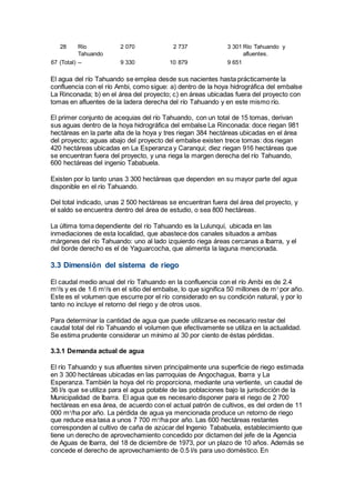 28 Río
Tahuando
2 070 2 737 3 301 Río Tahuando y
afluentes.
67 (Total) -- 9 330 10 879 9 651
El agua del río Tahuando se emplea desde sus nacientes hasta prácticamente la
confluencia con el río Ambi, como sigue: a) dentro de la hoya hidrográfica del embalse
La Rinconada; b) en el área del proyecto; c) en áreas ubicadas fuera del proyecto con
tomas en afluentes de la ladera derecha del río Tahuando y en este mismo río.
El primer conjunto de acequias del río Tahuando, con un total de 15 tomas, derivan
sus aguas dentro de la hoya hidrográfica del embalse La Rinconada: doce riegan 981
hectáreas en la parte alta de la hoya y tres riegan 384 hectáreas ubicadas en el área
del proyecto; aguas abajo del proyecto del embalse existen trece tomas: dos riegan
420 hectáreas ubicadas en La Esperanza y Caranqui; diez riegan 916 hectáreas que
se encuentran fuera del proyecto, y una riega la margen derecha del río Tahuando,
600 hectáreas del ingenio Tababuela.
Existen por lo tanto unas 3 300 hectáreas que dependen en su mayor parte del agua
disponible en el río Tahuando.
Del total indicado, unas 2 500 hectáreas se encuentran fuera del área del proyecto, y
el saldo se encuentra dentro del área de estudio, o sea 800 hectáreas.
La última toma dependiente del río Tahuando es la Lulunquí, ubicada en las
inmediaciones de esta localidad, que abastece dos canales situados a ambas
márgenes del río Tahuando: uno al lado izquierdo riega áreas cercanas a Ibarra, y el
del borde derecho es el de Yaguarcocha, que alimenta la laguna mencionada.
3.3 Dimensión del sistema de riego
El caudal medio anual del río Tahuando en la confluencia con el río Ambi es de 2.4
m3
/s y es de 1.6 m3
/s en el sitio del embalse, lo que significa 50 millones de m3
por año.
Este es el volumen que escurre por el río considerado en su condición natural, y por lo
tanto no incluye el retorno del riego y de otros usos.
Para determinar la cantidad de agua que puede utilizarse es necesario restar del
caudal total del río Tahuando el volumen que efectivamente se utiliza en la actualidad.
Se estima prudente considerar un mínimo al 30 por ciento de éstas pérdidas.
3.3.1 Demanda actual de agua
El río Tahuando y sus afluentes sirven principalmente una superficie de riego estimada
en 3 300 hectáreas ubicadas en las parroquias de Angochagua, Ibarra y La
Esperanza. También la hoya del río proporciona, mediante una vertiente, un caudal de
36 l/s que se utiliza para el agua potable de las poblaciones bajo la jurisdicción de la
Municipalidad de Ibarra. El agua que es necesario disponer para el riego de 2 700
hectáreas en esa área, de acuerdo con el actual patrón de cultivos, es del orden de 11
000 m3
/ha por año. La pérdida de agua ya mencionada produce un retorno de riego
que reduce esa tasa a unos 7 700 m3
/ha por año. Las 600 hectáreas restantes
corresponden al cultivo de caña de azúcar del Ingenio Tababuela, establecimiento que
tiene un derecho de aprovechamiento concedido por dictamen del jefe de la Agencia
de Aguas de Ibarra, del 18 de diciembre de 1973, por un plazo de 10 años. Además se
concede el derecho de aprovechamiento de 0.5 l/s para uso doméstico. En
 