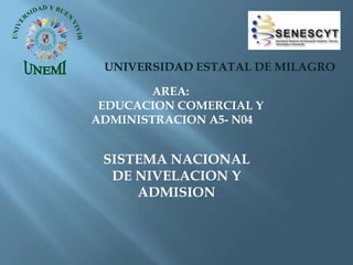 UNIVERSIDAD ESTATAL DE MILAGRO
AREA:
EDUCACION COMERCIAL Y
ADMINISTRACION A5- N04
SISTEMA NACIONAL
DE NIVELACION Y
ADMISION
 