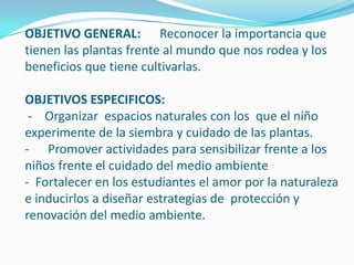 OBJETIVO GENERAL: Reconocer la importancia que
tienen las plantas frente al mundo que nos rodea y los
beneficios que tiene cultivarlas.

OBJETIVOS ESPECIFICOS:
 - Organizar espacios naturales con los que el niño
experimente de la siembra y cuidado de las plantas.
- Promover actividades para sensibilizar frente a los
niños frente el cuidado del medio ambiente
- Fortalecer en los estudiantes el amor por la naturaleza
e inducirlos a diseñar estrategias de protección y
renovación del medio ambiente.
 
