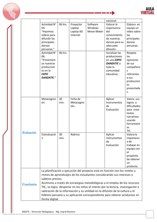 D IGETE – Dirección Pedagógica – Mg. Ingrid Romero 
nacional. 
Actividad N° 05: “Hacemos videos para difundir las principales danzas peruanas.” 
06 hrs. 
Proyector 
Laptop 
Laptop XO 
Internet 
Software Windows Movie Maker 
Valorar la importancia del conocimiento de nuestras danzas para su adecuada difusión. 
Elabora en equipo un video sobre las principales danzas peruanas. 
Actividad N° 06: “Presentamos nuestras producciones en la EXPO DANZATIC.” 
06 hrs. 
Socializar las producciones en una EXPO DANZATIC a toda la comunidad educativa. 
Respeta las opiniones de sus compañeros referentes a sus producciones presentadas. 
Evaluación 
Metacognición 
30 
min. 
Ficha de 
Metacognición. 
Aplicar 
Instrumentos de 
Evaluación 
Valora sus 
logros y 
dificultades 
para crear 
textos 
narrativos 
usando 
herramientas 
TIC. 
Coevaluación 
30 min. 
Rúbrica 
Aplicar 
Instrumentos de 
Evaluación 
Valora la importancia de trabajar en equipo con el propósito de obtener un producto. 
Conclusión 
La planificación y ejecución del proyecto está en función con los niveles y ritmos de aprendizajes de los estudiantes considerando sus intereses y saberes previos. 
Asimismo a través de estrategias metodológicas y el empleo de los recursos TIC, se logra despertar en los niños el interés por la lectura, investigación y valoración de la información y su utilidad en la difusión de la cultura y el folklore peruano y su aplicación correspondiente para obtener productos en forma digital. 
