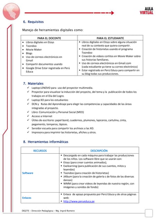 D IGETE – Dirección Pedagógica – Mg. Ingrid Romero 
6. Requisitos 
Manejo de herramientas digitales como: 
PARA EL DOCENTE 
PARA EL ESTUDIANTE 
 Libros digitales en Etoys 
 Toondoo 
 Movie Maker 
 Blogs 
 Uso de correos electrónicos en 
Gmail 
 Compartir documentos usando 
 Google Drive Estar registrada en Perú Educa 
 Libros digitales en Etoys sobre alguna situación real de su contexto que quiera compartir. 
 Creación de historietas usando el programa 
Toondoo 
 Creación de videos cortitos en Movie Maker sobre sus historias familiares. 
 Uso de correos electrónicos en Gmail.com 
(cada estudiante ya tiene su correo electrónico) 
 Estar registrado en Perú Educa para compartir en su blog todas sus producciones. 
7. Materiales 
 Laptop LENOVO para uso del proyector multimedia. 
 Proyector para visualizar la inducción del proyecto, del tema y la publicación de todos los trabajos en el Día del Logro. 
 Laptop XO para los estudiantes 
 DCN y Rutas del Aprendizaje para elegir las competencias y capacidades de las áreas integradas al proyecto. 
 Libro: Comunicación y Personal Social (MED) 
 Acceso a Internet 
 Útiles de escritorio: papel bond, cuadernos, plumones, lapiceros, cartulina, cinta, pegamento, temperas, lápices. 
 Servidor escuela para compartir los archivos a las XO. 
 Impresora para imprimir las historietas, afiches y otros. 
8. Herramientas informáticas 
RECURSOS 
DESCRIPCIÓN 
Software 
 Descargado en cada máquina para trabajar las producciones de los niños. Los software libre que se usarán son: 
 Etoys (para crear cuentos animados), 
 Exelearning (para publicación de sus cuentos, mitos y leyendas) 
 Toondoo (para creación de historietas) 
 JAlbum (para la creación de galería s de fotos de las diversas danzas) 
 WMM (para crear videos de leyendas de nuestra región, con imágenes y sonidos de fondo) 
Enlaces 
 Enlace de apoyo propuesto por Perú Educa y de otras páginas web: 
 http://www.perueduca.pe  