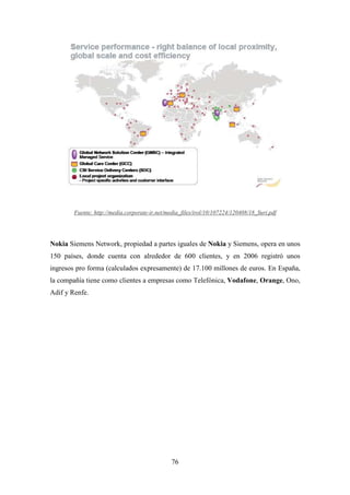 Fuente: http://media.corporate-ir.net/media_files/irol/10/107224/120408/18_Suri.pdf




Nokia Siemens Network, propiedad a partes iguales de Nokia y Siemens, opera en unos
150 países, donde cuenta con alrededor de 600 clientes, y en 2006 registró unos
ingresos pro forma (calculados expresamente) de 17.100 millones de euros. En España,
la compañía tiene como clientes a empresas como Telefónica, Vodafone, Orange, Ono,
Adif y Renfe.




                                                76
 