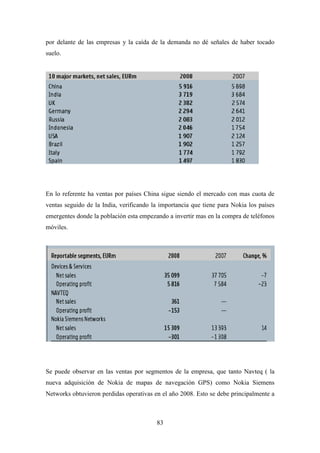 por delante de las empresas y la caída de la demanda no dé señales de haber tocado
suelo.




En lo referente ha ventas por países China sigue siendo el mercado con mas cuota de
ventas seguido de la India, verificando la importancia que tiene para Nokia los países
emergentes donde la población esta empezando a invertir mas en la compra de teléfonos
móviles.




Se puede observar en las ventas por segmentos de la empresa, que tanto Navteq ( la
nueva adquisición de Nokia de mapas de navegación GPS) como Nokia Siemens
Networks obtuvieron perdidas operativas en el año 2008. Esto se debe principalmente a



                                         83
 