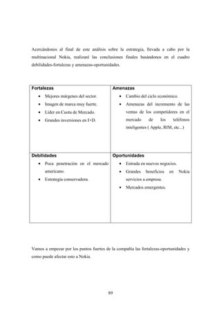 Acercándonos al final de este análisis sobre la estrategia, llevada a cabo por la
multinacional Nokia, realizaré las conclusiones finales basándonos en el cuadro
debilidades-fortalezas y amenazas-oportunidades.




Fortalezas                                 Amenazas
   •   Mejores márgenes del sector.            •   Cambio del ciclo económico.
   •   Imagen de marca muy fuerte.             •   Amenazas del incremento de las
   •   Líder en Cuota de Mercado.                  ventas de los competidores en el
   •   Grandes inversiones en I+D.                 mercado      de     los    teléfonos
                                                   inteligentes ( Apple, RIM, etc...)




Debilidades                                Oportunidades
   •   Poca penetración en el mercado          •   Entrada en nuevos negocios.
       americano.                              •   Grandes    beneficios     en   Nokia
   •   Estrategia conservadora.                    servicios a empresa.
                                               •   Mercados emergentes.




Vamos a empezar por los puntos fuertes de la compañía las fortalezas-oportunidades y
como puede afectar esto a Nokia.




                                         89
 