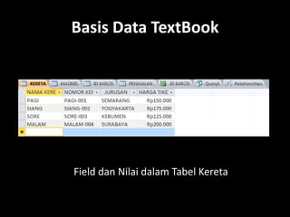 Basis Data TextBook

Field dan Nilai dalam Tabel Kereta

 