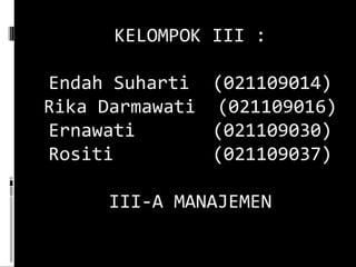 KELOMPOK III : Endah Suharti   (021109014) Rika Darmawati  (021109016) Ernawati    (021109030) Rositi    (021109037) III-A MANAJEMEN 