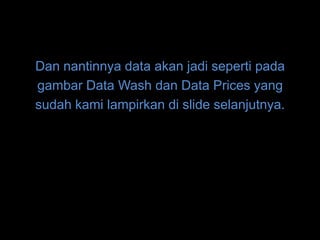 Dan nantinnya data akan jadi seperti pada
gambar Data Wash dan Data Prices yang
sudah kami lampirkan di slide selanjutnya.
 