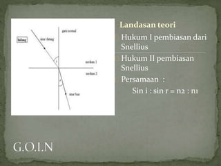 Hukum I pembiasan dari
Snellius
Hukum II pembiasan
Snellius
Persamaan :
Sin i : sin r = n2 : n1
Landasan teori
 