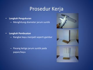 Prosedur Kerja
• Langkah Pengukuran
– Menghitung diameter jarum suntik
• Langkah Pembuatan
– Rangkai kayu menjadi seperti gambar
– Pasang ketiga jarum suntik pada
papan/kayu
 